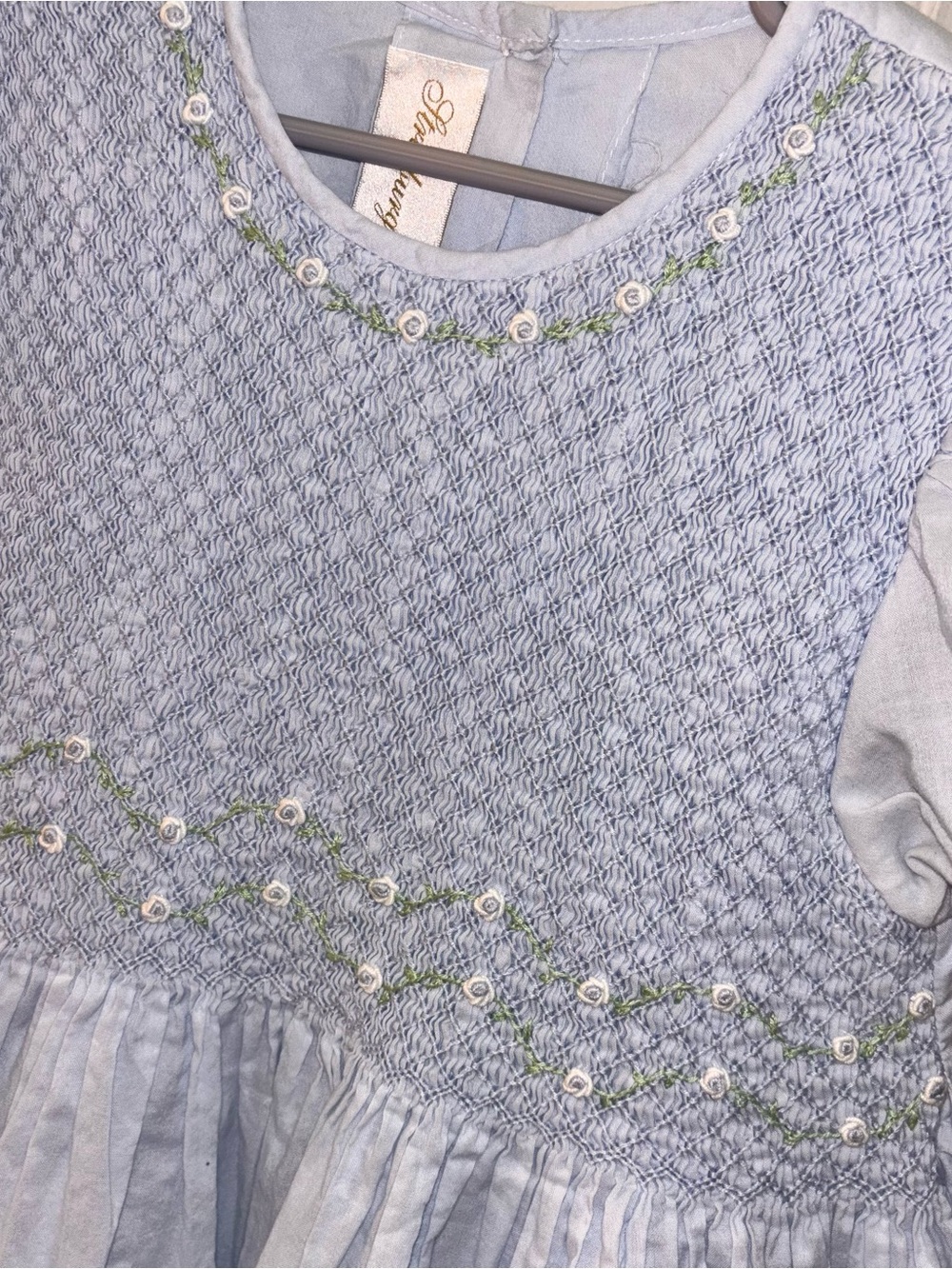 Strasburg heirloom pastel blue smocked yoke sash dress 8 Church wedding portrait